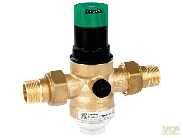 Druckminderer D06F 5/4" mit Einstellskala, Klarsicht-Siebtasse und Anschluss Gewindetülle, Vordruck max. 16 bar, Messing bleifrei