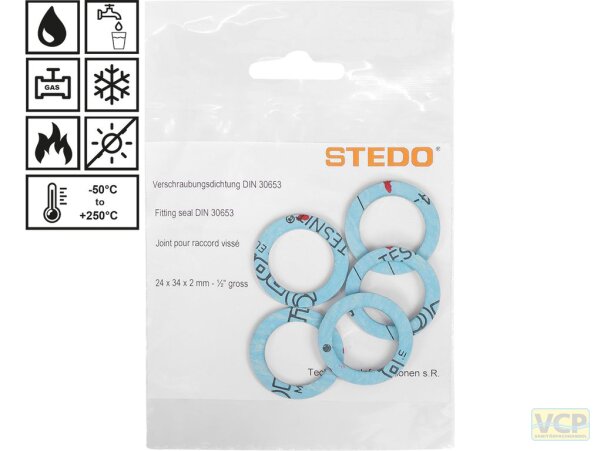 Verschraubungsdichtungen DIN 30653 31 x 37,5 x 3 mm für Rohrverschraubung 1" im Heizungsbereich (Gas, Hochtemperatur), mit 1 Markierung, Inhalt pro Tüte: 5 Stk