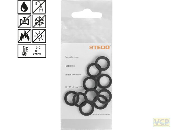 Gummi Dichtungen 12 x 18 x 2 mm für Überwurfmutter 1/2" im Abwasserbereich, Inhalt pro Tüte: 10 Stk
