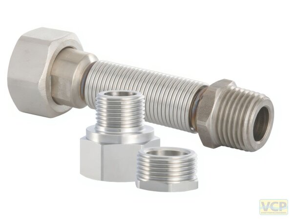 Flexibler Heizkörperanschluss 1/2" AG x 3/4" ÜM Eurokonus, ausziehbar von 94mm bis 143mm, mit Reduzierung