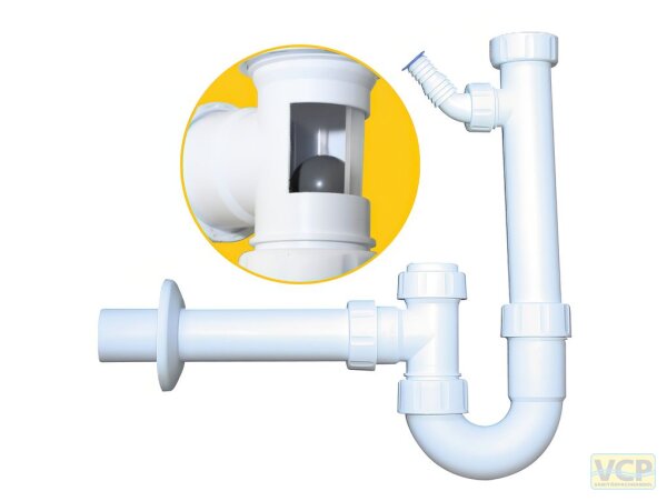 Kugelverschluss-Siphon 5/4" & 6/4" DN50 mit Geräteanschluss für Spülen, mit Reinigungöffnung