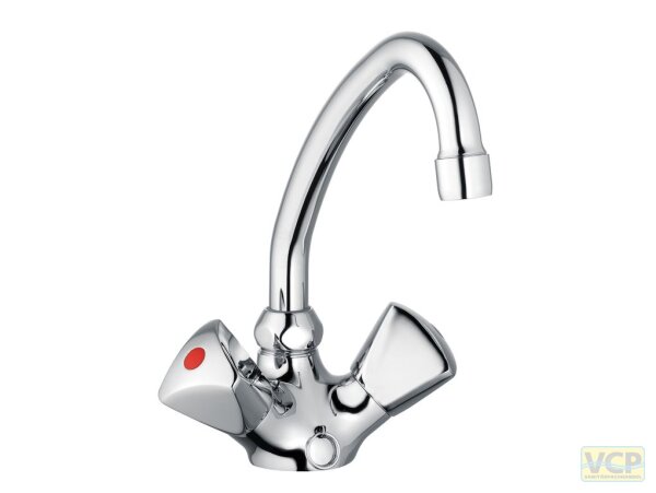 SH Waschtisch-Zweigriffmischer Serie classic-line_2 mit Trianon Griff, versenkbarer Kette, schwenkbarem HU-Rohrauslauf, Ausladung 145 mm, Höhe bis Strahlregler 142 mm, in chrom