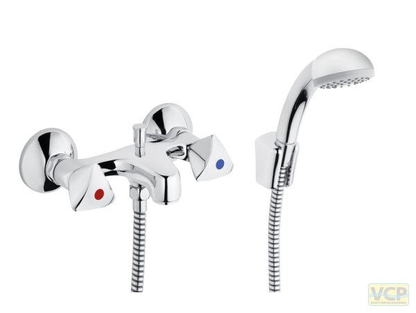 SH Wannen-Zweigriffmischer Serie classic-line_2 mit Trianon Griff, Stichmaß 135-165 mm, Umstellung automatisch, mit Brausegarnitur, Ausladung 125 mm, 1/2", in chrom