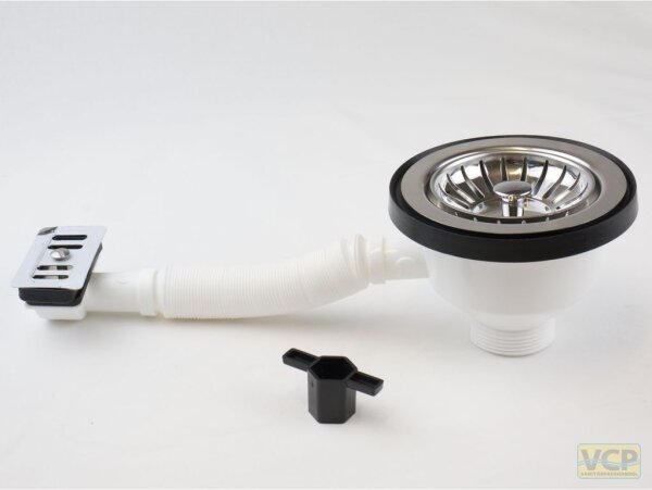 Ablaufventil mit Körbchen 6/4" x 90mm, Überlauf eckig