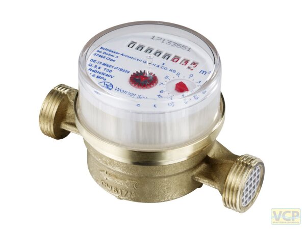 Wohnungswasserzähler 3/4"x130mm geeicht für Warmwasser bis 90°C
