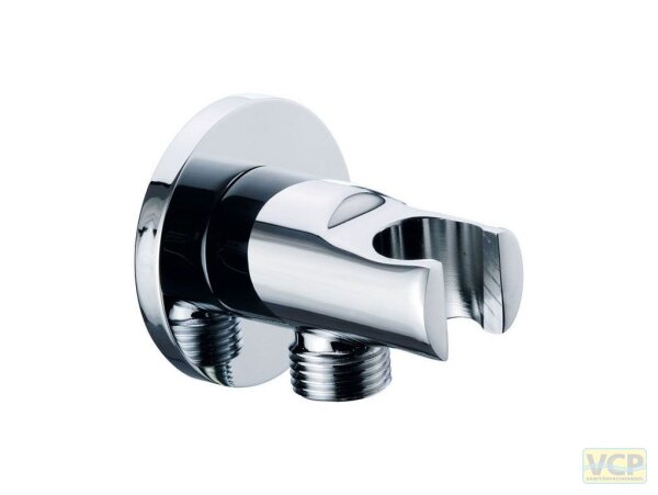 Wandanschlussbogen 1/2" mit Brausehalter, aus Messing, verchromt 2 x 1/2ag, mit Wandrosette runde Ausführung.