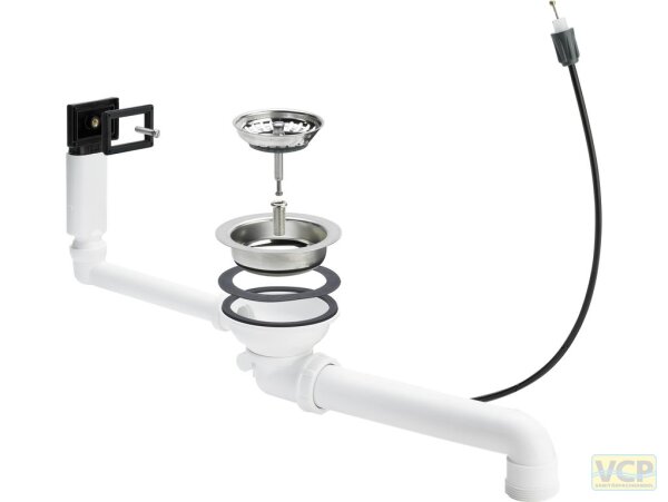 Ablaufventil für Spülen mit 90mm Ablaufloch, mit Bowdenzug, o. Drehgriff, eckiger Überlauf