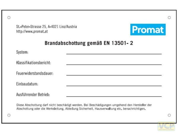 Promat Kennzeichnungsschild 140x90x1mm